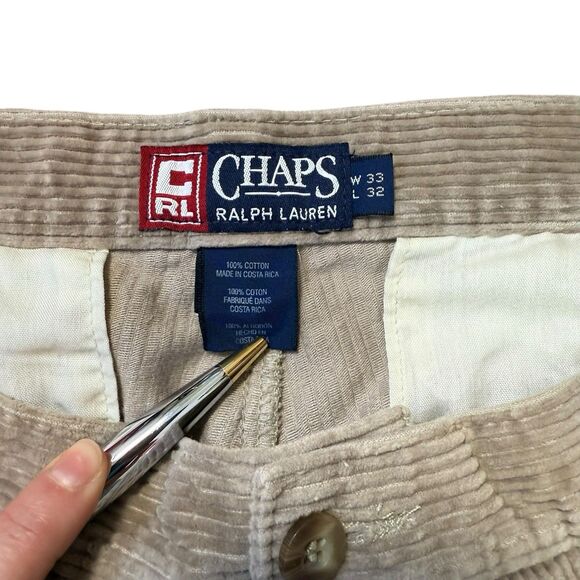 Vintage Ralph Lauren Chaps Corduroy Pants Khaki 33x32 Baggy Skater Cuffed Pleat - Picture 5 of 8